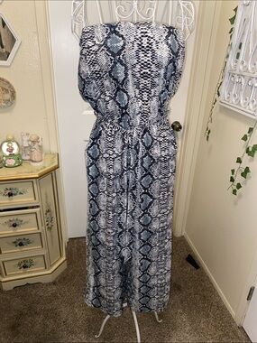 Strapless Snake-Print Wide-Leg Jumpsuit - Blue/Black